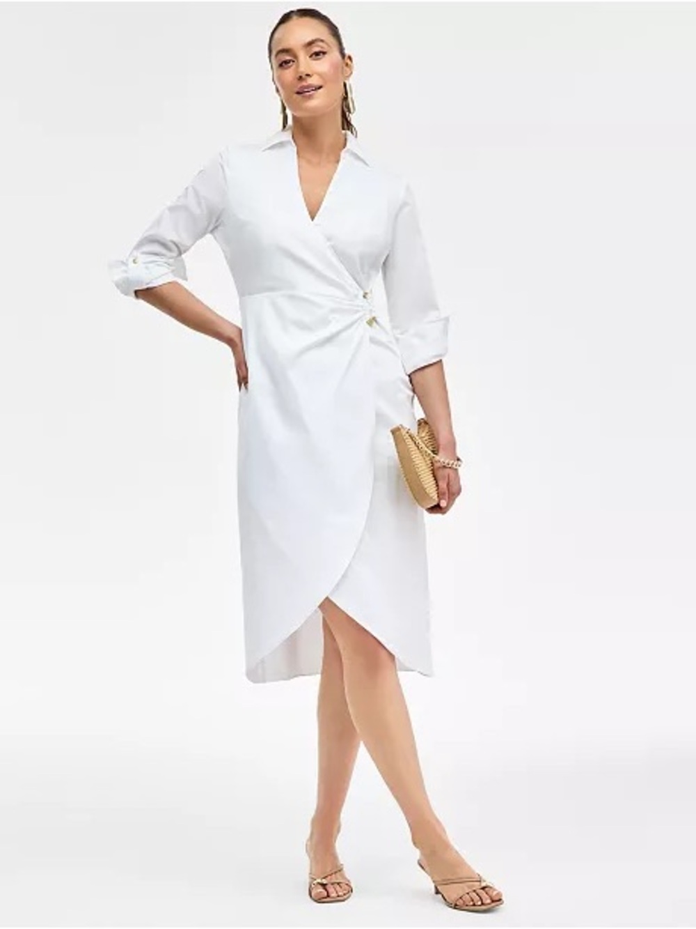 INC International Concepts White Hardware-Trim Cotton Faux-Wrap Dress Size Large